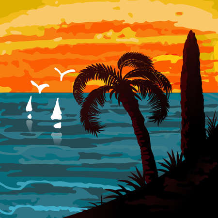 Seascape with palm and sailsのイラスト素材