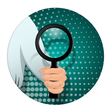 A man s hand holds a magnifying glass. Enlarged glass for looking at small objects. Banner for business. Vector illustration.のイラスト素材