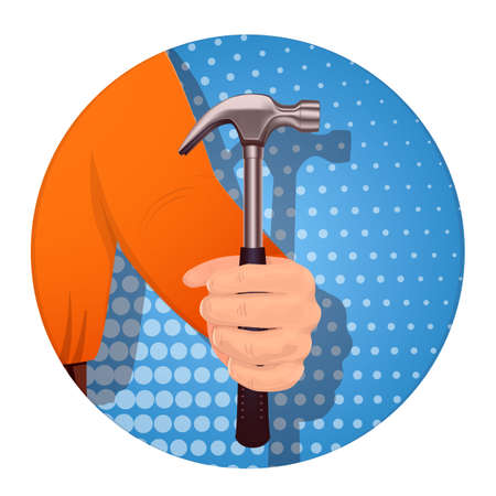 A man s hand holds a hammer. On a blue background. Banner for business. Vector illustration.のイラスト素材