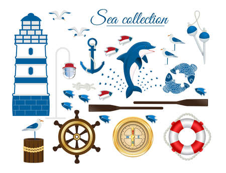 Marine collection. Set of vector symbols compass, life ring, anchor, lighthouse, gull, oars, floats, fish. Isolated on white background, vector illustration.のイラスト素材