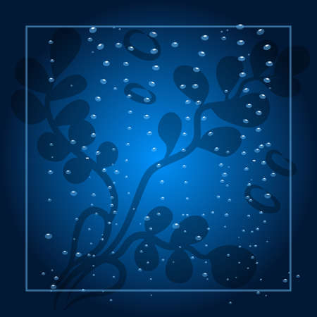 Banner with an underwater background of seaweed and air bubbles. Abstract, underwater pattern, blue. To advertise aquariums, trips. Vector illustration.のイラスト素材