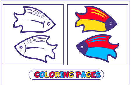 Book coloring with two bright fish .. For destkogo creativity. Black-and-white drawing from lines for coloring with paints and pencils. For drawing with the left hand. On a white background. Vector dilution.のイラスト素材