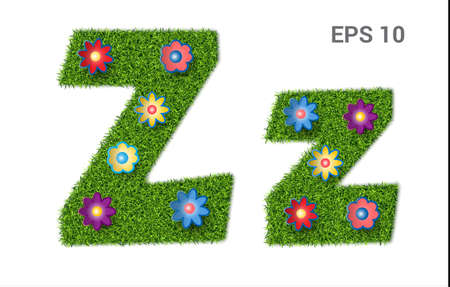 Zz - capital and capital letters of the alphabet with a texture of grass. Moorish lawn with flowers. Isolated on white background. Vector illustrationのイラスト素材