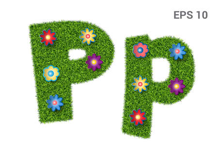 Pp - capital and capital letters of the alphabet with a texture of grass. Moorish lawn with flowers. Isolated on white background. Vector illustrationのイラスト素材