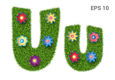 Uu - capital and capital letters of the alphabet with a texture of grass. Moorish lawn with flowers. Isolated on white background. Vector illustrationのイラスト素材