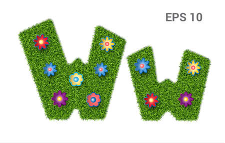 Ww - capital and capital letters of the alphabet with a texture of grass. Moorish lawn with flowers. Isolated on white background. Vector illustrationのイラスト素材