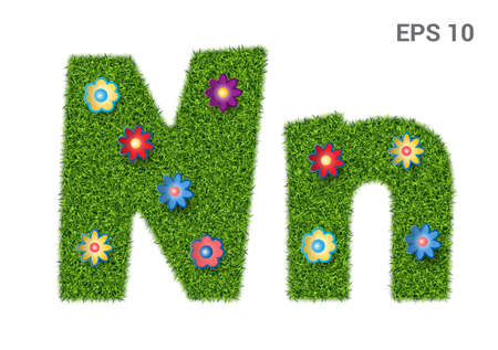 Nn - capital and capital letters of the alphabet with a texture of grass. Moorish lawn with flowers. Isolated on white background. Vector illustrationのイラスト素材