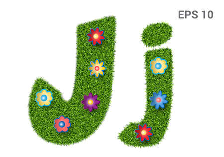 Jj - capital and capital letters of the alphabet with a texture of grass. Moorish lawn with flowers. Isolated on white background. Vector illustrationの写真素材