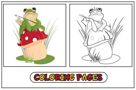 Coloring The frog princess, sits on the mushroom, in the crown and holds the arrow. Against the backdrop of marshes and reeds. For children s creativity in preschool institutions. Coloring book. Vector illustration.の写真素材