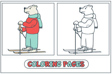 Bear skier, a picture for painting with paints and colored pencils. For younger children. For children s creativity in preschool institutions. Coloring book. Vector illustration.のイラスト素材
