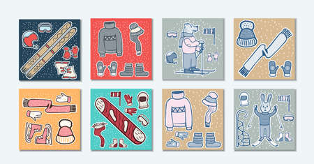 Doodle cards winter illustrations with a bear and a hare on skis. Winter clothes, equipment for winter sports. Hand drawing. Horizontal location On a bright background. Vector illustration.のイラスト素材