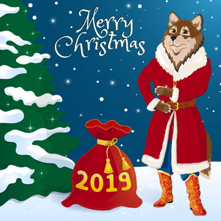 Greeting card. A wolf in a Santa costume wishes you a Happy New Year and Merry Christmas. Near the red bag with gifts. The inscription 2019. Against the backdrop of a winter forest and a dressed up Christmas tree. Vector illustration.のイラスト素材