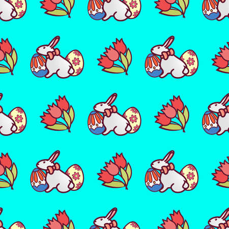 Bunny seamless pattern with easter eggs and a bouquet of tulips. Easter picture on a green background. Print for printing on fabric. Vector illustration.のイラスト素材