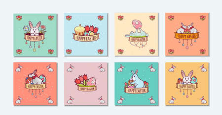 Easter cards postcards cute bunnies. Painted eggs, Kulich with a candle, funny hares. On juicy background, vector illustration.のイラスト素材