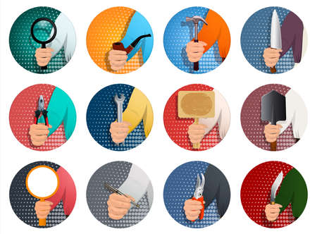 A set of icons for different professions, a person s hand holds a diverse professional tool. To advertise a different business. Realistic illustration. Vector.のイラスト素材