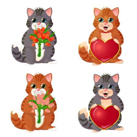 Set of cute cats. Holds a bouquet of tulips. Congratulations on the holiday. Isolated on white background. Vectorのイラスト素材