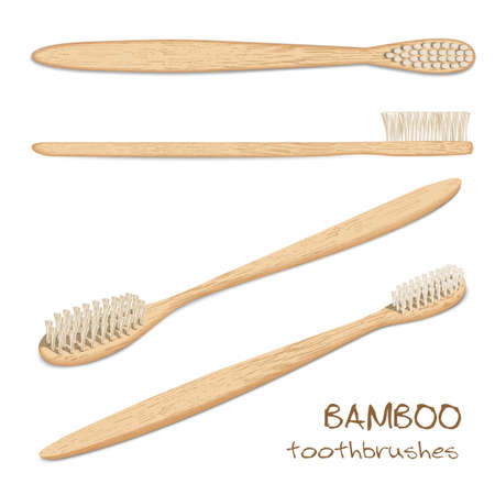 Bamboo toothbrushes. Varicoloured, natural bristle. Zero waste, Biodegradable material. Eco-friendly products. Isolated on white background. Different viewpoint angle. Vector illustration.のイラスト素材