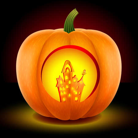 Pumpkin with a castle with ghosts. The mask is carved with a knife .. Halloween symbol. With a bright candle inside. Isolated on a dark background. Vector graphicsのイラスト素材