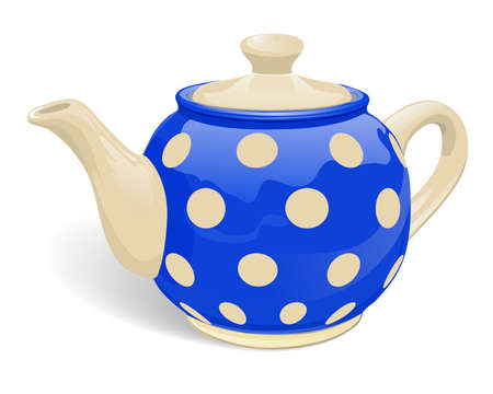 Realistic ceramic teapot. Blue with beige peas. Isolated on white background. Vector illustration.のイラスト素材