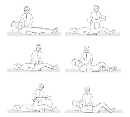 Symptoms of meningitis - the manipulation of a doctor with a patient. Set of black and white pictures with various poses. Educational visual aid. Vector illustration.のイラスト素材