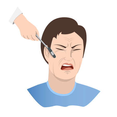 Symptom of meningitis. Cheekbone Syndrome Bekhterev. A face distorted by pain, a neurologist s hand with an instrument tapping the patient s cheekbone. Vector illustrationのイラスト素材