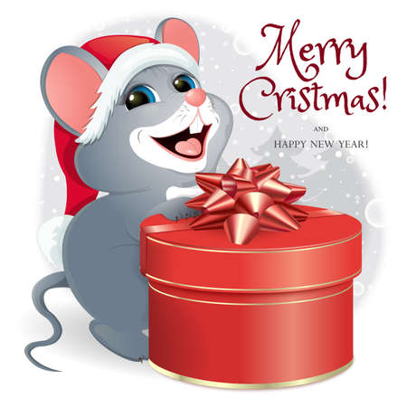 Mouse in Santa hat with a gift box with a red bow. Poster for Christmas and New Year of the rat on the Chinese calendar. Against the background of falling snowflakes and winter forest. Vector.のイラスト素材