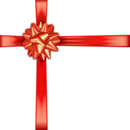 Banner with a shining red bow and satin ribbon. In the shape of a gift box. Isolated on a white background. Stock vector illustration.のイラスト素材