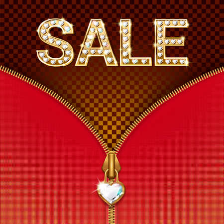 Sale banner - bright luxury letters in gold with precious stones, zipper with pendant. On a red background. Illustration for discounts. Vector.のイラスト素材