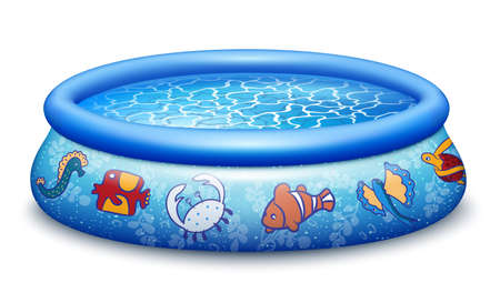 Blue Inflatable rubber pool with water. For families with children, happy summer. Isolated on a white background. Realistic vector illustration.のイラスト素材