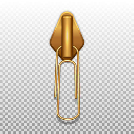Gold color zip closure paper clip. Pendant for opening zippers on clothes. Isolated on a transparent background. 3D realistic vector illustration.のイラスト素材