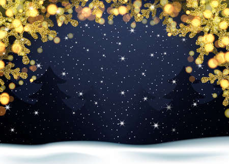 Christmas forest with golden snowflakes and bokehの写真素材