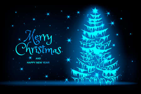 Christmas banner with glowing neon fir treeのイラスト素材