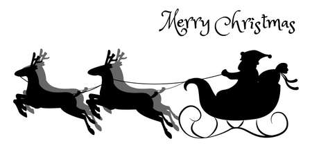Silhouette of Santa in a sleigh with reindeer in harness.のイラスト素材
