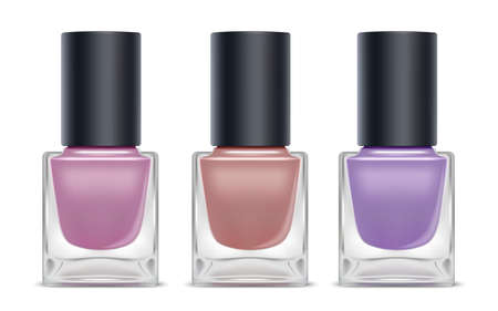 Set of nail polish bottles. 3D realistic illustration. isolated on white background. Vector.のイラスト素材