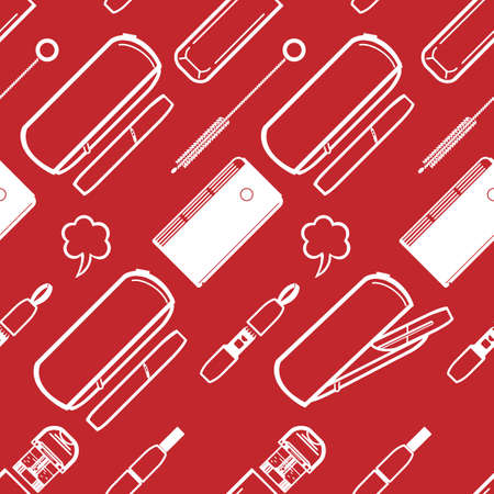 Seamless pattern of tobacco heaters and accessories icons. Background for a vape shop from e-cigarettes. vector illustration. Pictogram of an electronic cigarette on a red backgroundのイラスト素材