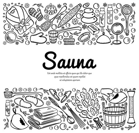 Sauna and spa accessories horizontal frame bannerのイラスト素材