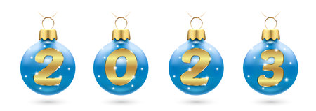 Numbers 2023 from golden confetti in New Year's red balls, Christmas tree decorations. Festive layout for banners, posters, greeting cards in the New Year. 3d realistic Vector.の写真素材
