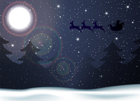 Christmas background winter forest with moon and Santaのイラスト素材