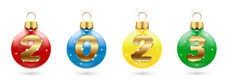 colorful glass christmas balls 2023 realistic vector imageの写真素材