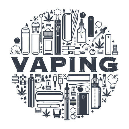 Vaping round frame for product design. Cigarettes, liquid vaporizers, marijuana leaf. Vector isolated on white background.のイラスト素材