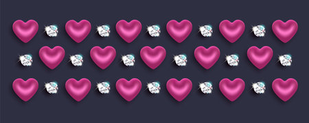 Frame pattern with purple hearts and sparkling diamonds. Packaging design for Valentine's Day, Women's Day, Anniversary, Birthday. On a dark background. Vector.のイラスト素材