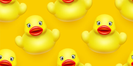 Yellow rubber duck for swimming in the bathroom. Seamless pattern for children s design yellow background vector.のイラスト素材