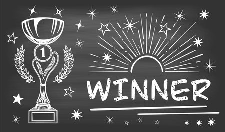 Poster of winner with cup rays of glory on black boardのイラスト素材