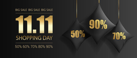 Poster 11.11 Shopping day. Discounts Big sale. Decorative black pillows with golden text. Black background. Vectorのイラスト素材