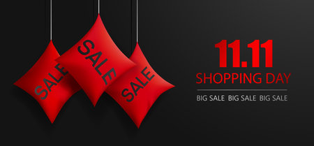 Banner Shopping Day 11.11 in minimal style. Discounts Big Sale. Red pillows hang on strings with the inscription percentage. Black background. Vectorのイラスト素材