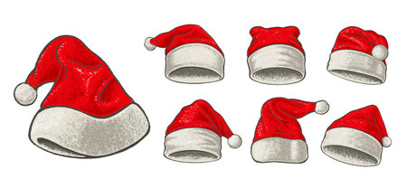 Santa Claus hat color sketch set vectorのイラスト素材