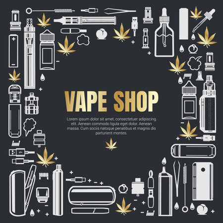 Vape shop square frame for product design. Cigarettes, liquid vaporizers, marijuana leaf. Vector isolated on dark background.のイラスト素材