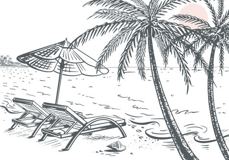 sketch summer beach sea sun chaise loungeのイラスト素材