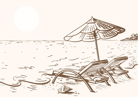 sketch summer beach sea sun chaise lounge vectorのイラスト素材