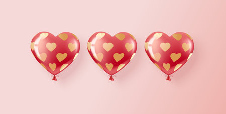 Three red and pink helium balloons in a pattern of golden hearts. vectorのイラスト素材